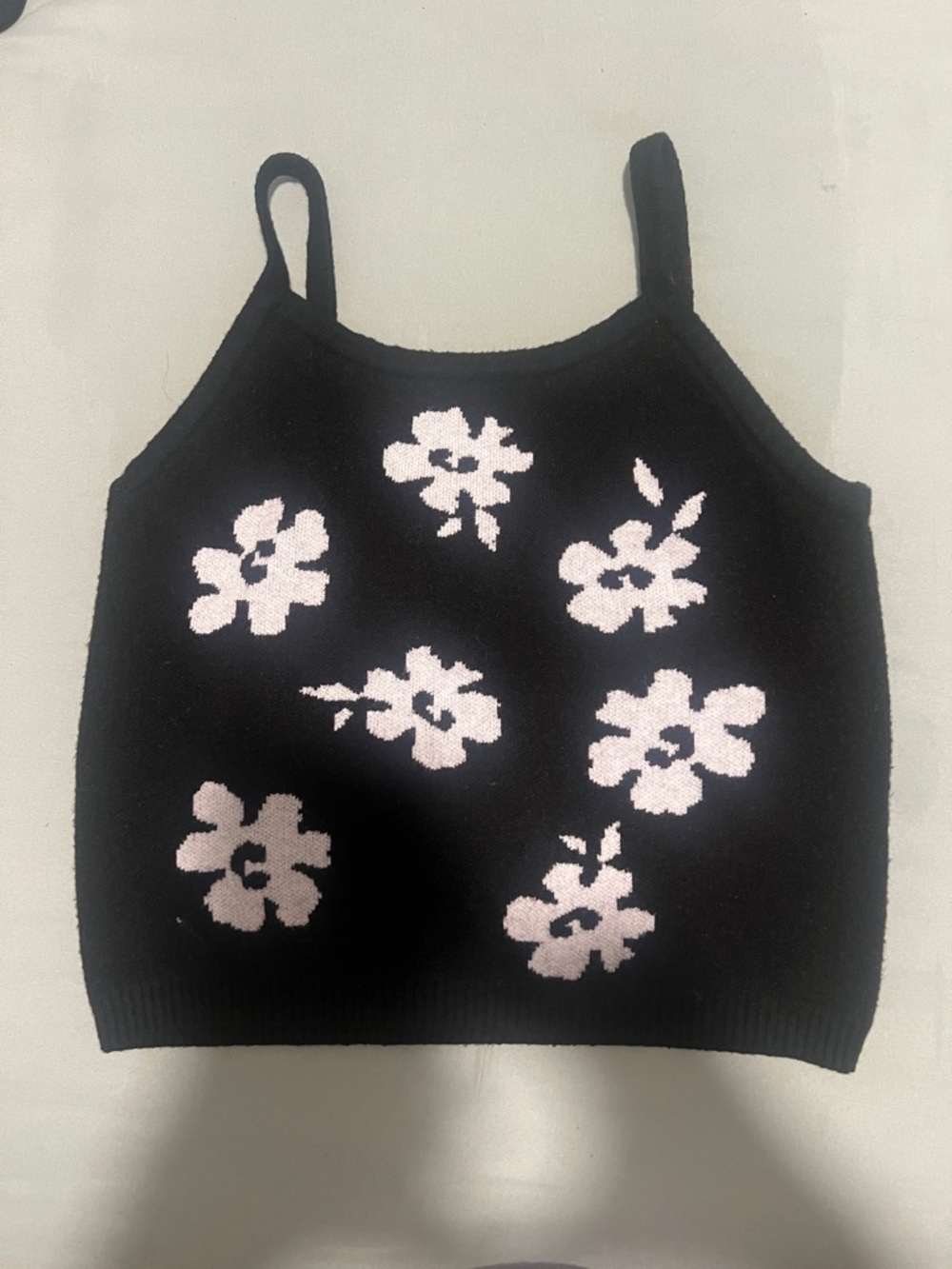 Black Floral Knit Crop Tank with Pink Flowers